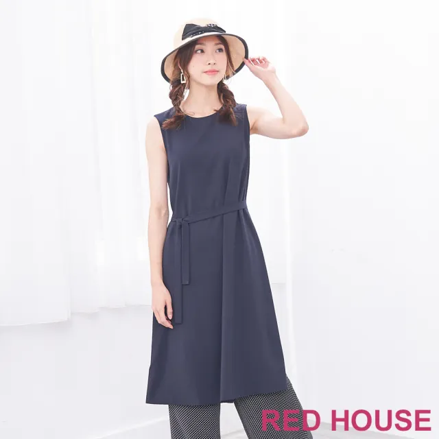 【RED HOUSE 蕾赫斯】簡約時髦開衩無袖洋裝(深藍色)