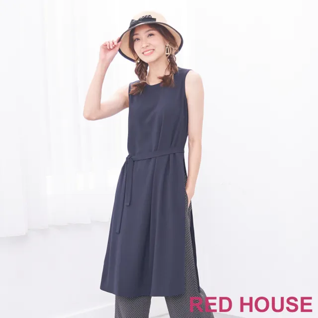 【RED HOUSE 蕾赫斯】簡約時髦開衩無袖洋裝(深藍色)