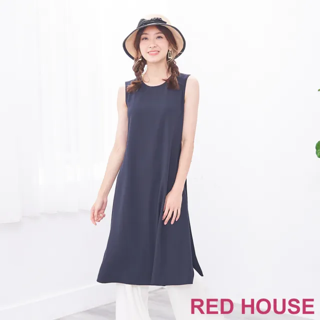 【RED HOUSE 蕾赫斯】簡約時髦開衩無袖洋裝(深藍色)