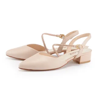 【MAGY】牛皮尖頭V口鑽條後繫帶低跟鞋(裸色)