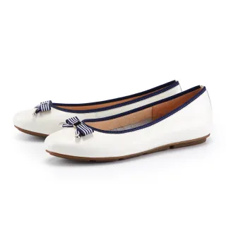【MAGY】牛皮條紋織帶蝴蝶結平底娃娃鞋(米白)