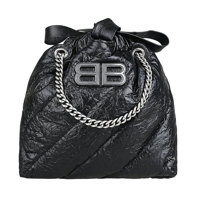 【Balenciaga 巴黎世家】BALENCIAGA CRUSH簡約仿舊銀字LOGO設計小牛皮抽繩束口鍊帶手提斜背包(迷你/黑)