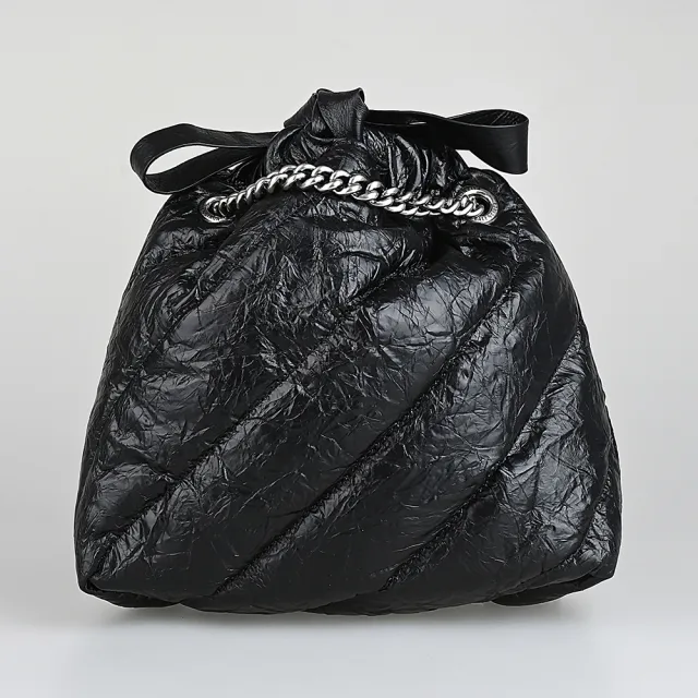 【Balenciaga 巴黎世家】BALENCIAGA CRUSH簡約仿舊銀字LOGO設計小牛皮抽繩束口鍊帶手提斜背包(迷你/黑)