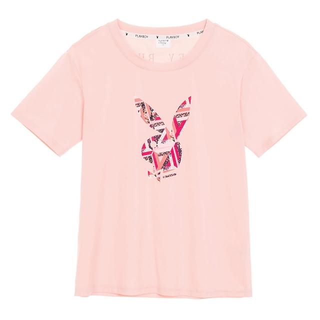 【PLAYBOY】後背簍空個性噴印長TEE(粉色)