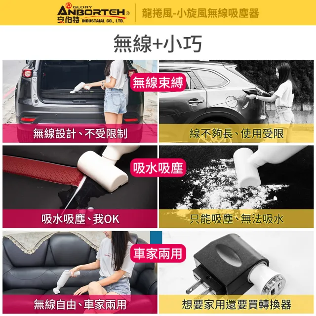 【ANBORTEH 安伯特】小旋風車用吸塵器 國家認證 一年保固-快(無線手持 車家兩用 強勁吸力 USB充電)