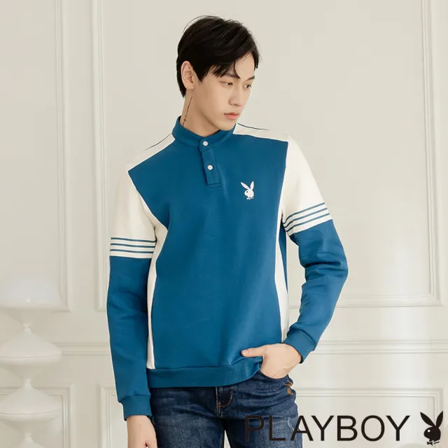 【PLAYBOY】立領撞色拼接休閒上衣(湖綠色)