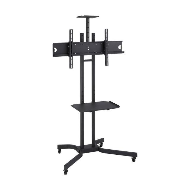 HE MS6041 移動式電視支架，重量50kg以上，支援39型至70型電視尺寸，黑色耐磨設計，具備優異穩定性。全機5年保固（不含零件及消耗品，依原廠規範），配件包含全配螺絲組（M4/M5/M6/M8長短各1組）及產品分解圖，適閤家庭及辦公室使用，提供靈活調整與安全固定。