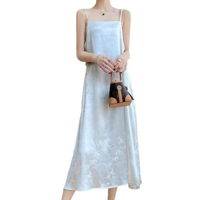 【巴黎 】  絲質洋裝緞面長裙絲綢洋裝天絲細肩帶連身裙 提花吊帶女裙子2色a1iz15 