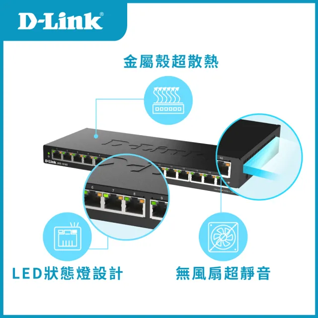 【D-Link】DGS-1016S 16埠 16port 1000Mbps Giga超高速乙太網路桌上型壁掛式無網管 金屬交換器(隨插即用)