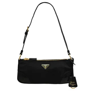 【PRADA 普拉達】Re-edition 2002 經典三角LOGO尼龍亮皮拼接可調手提包肩背包(黑)