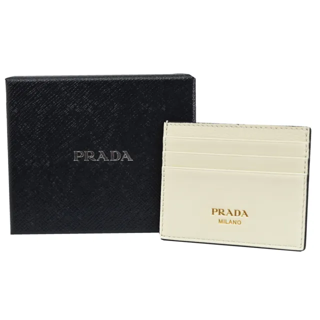 【PRADA 普拉達】簡約燙金LOGO皮革信用卡證件名片隨身卡夾(米白)