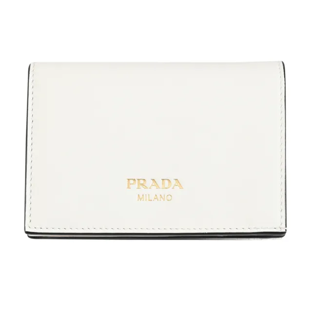 【PRADA 普拉達】簡約經典燙金LOGO素雅皮革對折零錢短夾(白)