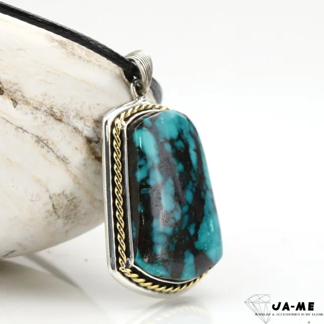 【JA-ME】天然綠松石土耳其石 高磁藍水草紋無事牌925純銀項鍊 11.5克(年終慶/雙12/聖誕節/現貨/僅此一件)