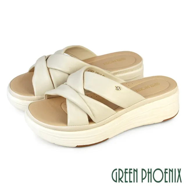 【GREEN PHOENIX 波兒德】女鞋 拖鞋 厚底拖鞋 楔型拖鞋 扭結 輕量 羊皮(米色、杏色)