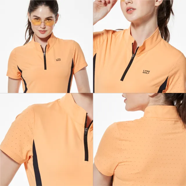 【Lynx Golf】首爾高桿風格！女款合身版彈性舒適洞洞沖孔布料脇邊配色短袖立領POLO衫/高爾夫球衫(二色)