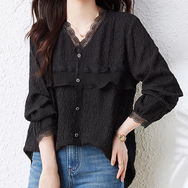 【麗質達人】5220黑色V領長袖上衣-AA (M-4XL)