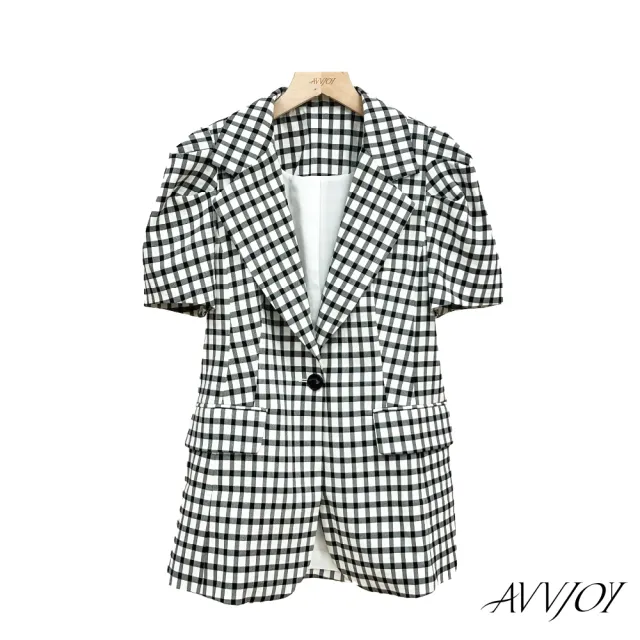 【AVVJOY 艾薇卓爾】格紋短袖系帶西裝(大衣 短袖 外套 小西裝 西裝女 外套女 西裝外套 百搭外套 CLA0511OW)