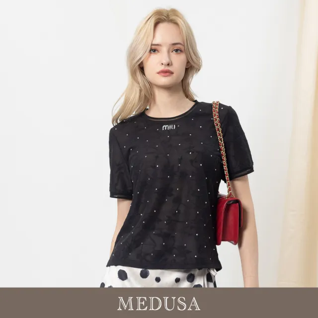 【MEDUSA 曼度莎】現貨-水鑽點點緹花微透上衣（M-2L）｜女上衣 氣質上衣 短袖上衣(601-30101)