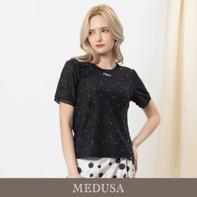 【MEDUSA 曼度莎】現貨-水鑽點點緹花微透上衣（M-2L）｜女上衣 氣質上衣 短袖上衣(601-30101)