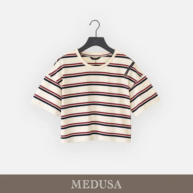【MEDUSA 曼度莎】現貨-台灣製 海軍風條紋拉鍊寬鬆T恤（M-XL）｜女短袖T恤 女休閒上衣 條紋T恤(601-5150A)