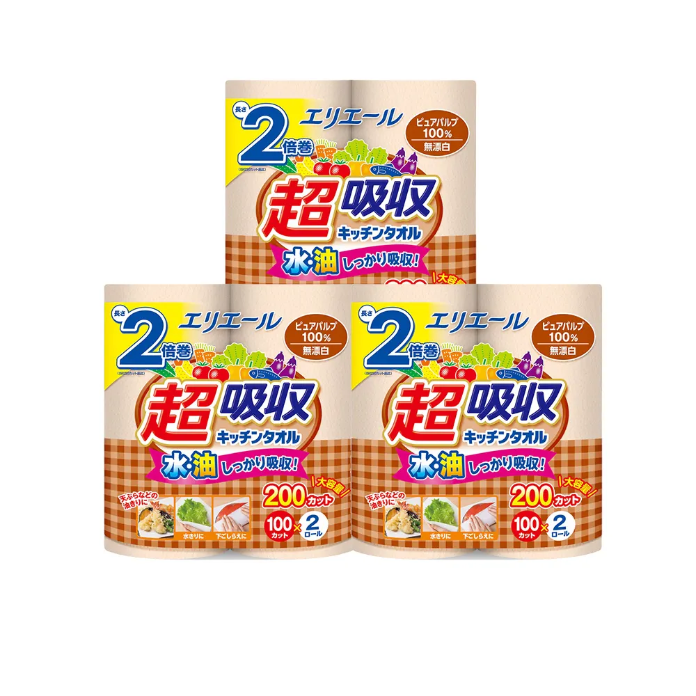 【日本大王】elleair 無漂白超吸收廚房紙巾(50抽x12捲/100抽x6捲 捲筒家庭組)