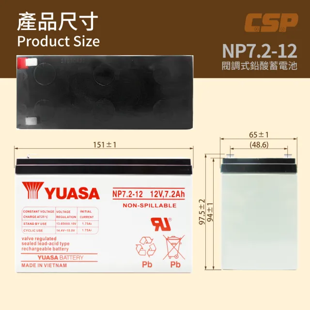 【CSP】YUASA湯淺 NP7.2-12閥調密閉式鉛酸電池-12V7Ah(不漏液 免維護 高性能 壽命長)
