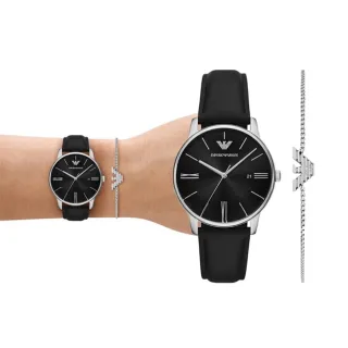 【EMPORIO ARMANI】亞曼尼 官方授權E1 Minimalist亞曼尼紳士日歷手錶手鍊套組黑色真皮 39mm(AR80079SET)