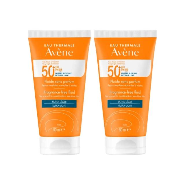 【Avene 雅漾】超能輕感防曬液（無香）SPF50＋50ml(1+1入組)