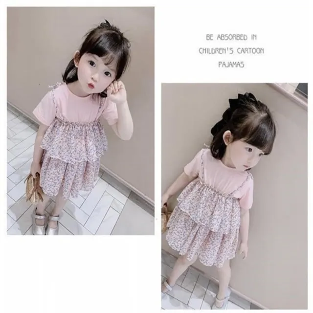 【安朵童舖】現貨韓版兒童短袖假兩件連身蛋糕裙女童碎花連身洋裝女寶短袖連身裙(003)