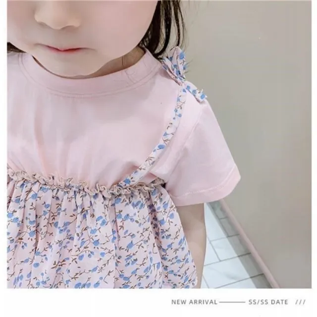 【安朵童舖】現貨韓版兒童短袖假兩件連身蛋糕裙女童碎花連身洋裝女寶短袖連身裙(003)