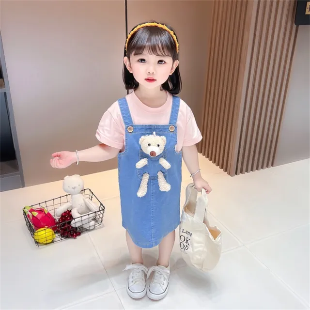 【安朵童舖】現貨韓版兒童女童小熊牛仔吊帶套裝兩件式吊帶套裝女寶短袖吊帶裙(023)