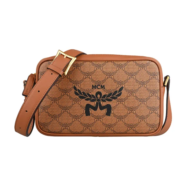 【MCM】MCM HIMMEL簡約燙印黑字LOGO滿版印花設計塗層帆布拉鍊斜背包(棕)