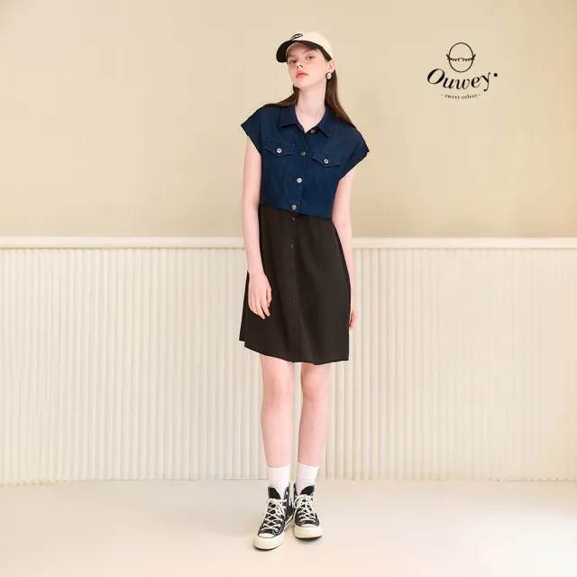 【OUWEY 歐薇】美式萊賽爾仿牛仔拼接洋裝(黑；S-L；3252167011)（其他規格）