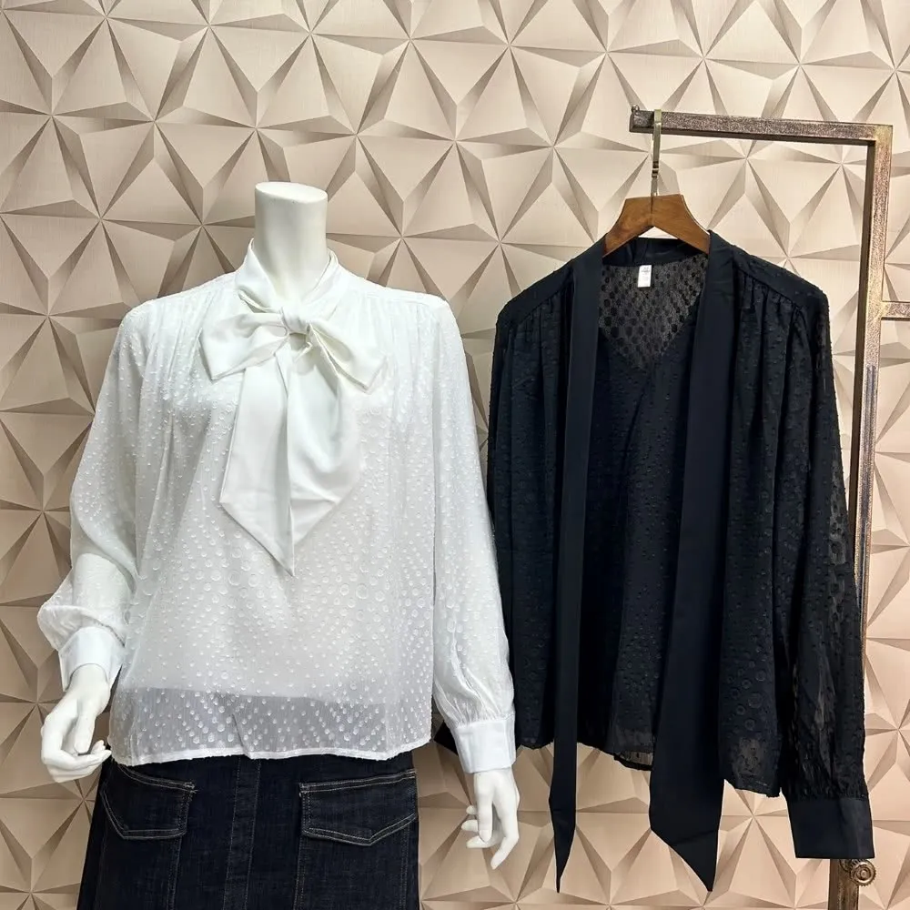 【SuperWands】假領巾V領雪紡上衣