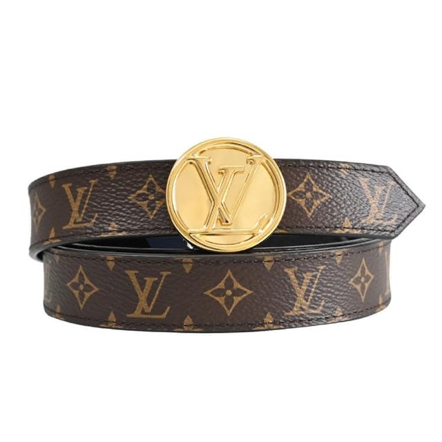 【Louis Vuitton 路易威登】LV M0054V 金屬LOGO飾扣經典花紋窄版雙面皮帶(85CM 全新福利品)