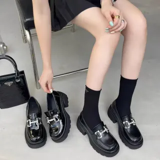 【Alberta】跟高6.8cm 粗跟樂福鞋 厚底增高英倫風小皮鞋一腳蹬黑皮單鞋 2色