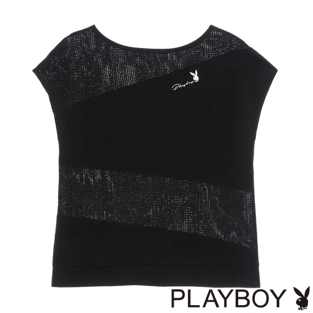 【PLAYBOY】時髦一字領異材質上衣(黑色)