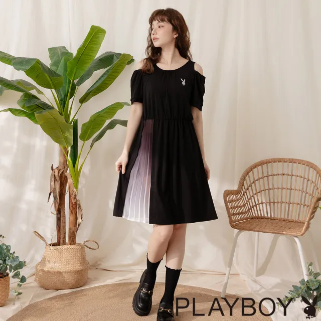 【PLAYBOY】天絲羅馬露肩漸層洋裝(黑色)