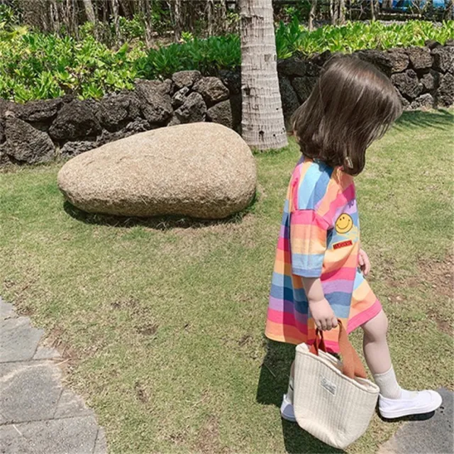【安朵童舖】現貨夏季韓版彩虹笑臉甜美風連身裙小洋裝兒童T恤裙子女童裙連衣裙童裝(8/22/35)