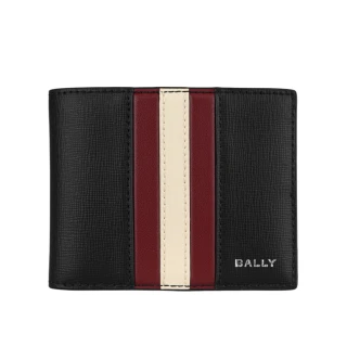 【BALLY】Mythos 紅白條紋再生牛皮對開6卡短夾(黑色)