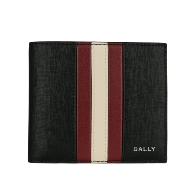 【BALLY】Mythos 紅白條紋再生牛皮對開8卡短夾(黑色)