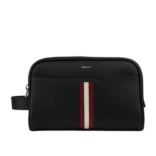 【BALLY】Ribbon 紅白條紋牛皮手拿包/萬用包/盥洗包(黑色)