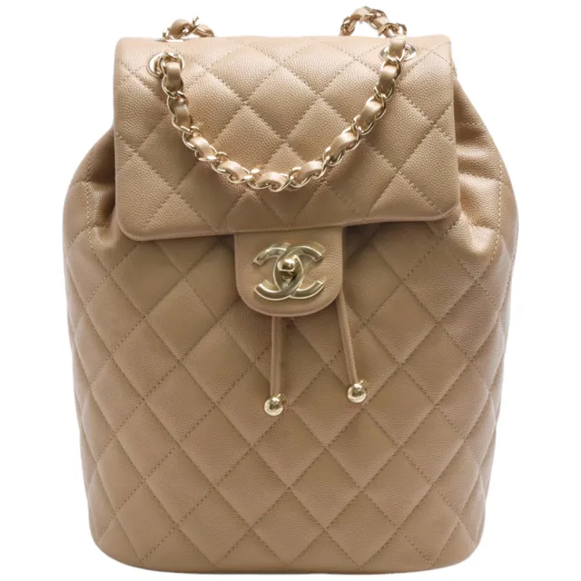 【CHANEL 香奈兒】經典雙C LOGO粒紋牛皮鍊帶手提/後背包(大-奶茶色AS4059C-NUDE-GP)