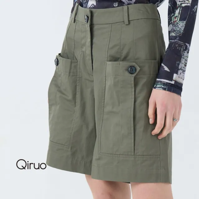 【Qiruo 奇若名品】膝上五分短褲 橄欖綠雙口袋拉鍊式 休閒褲3219C