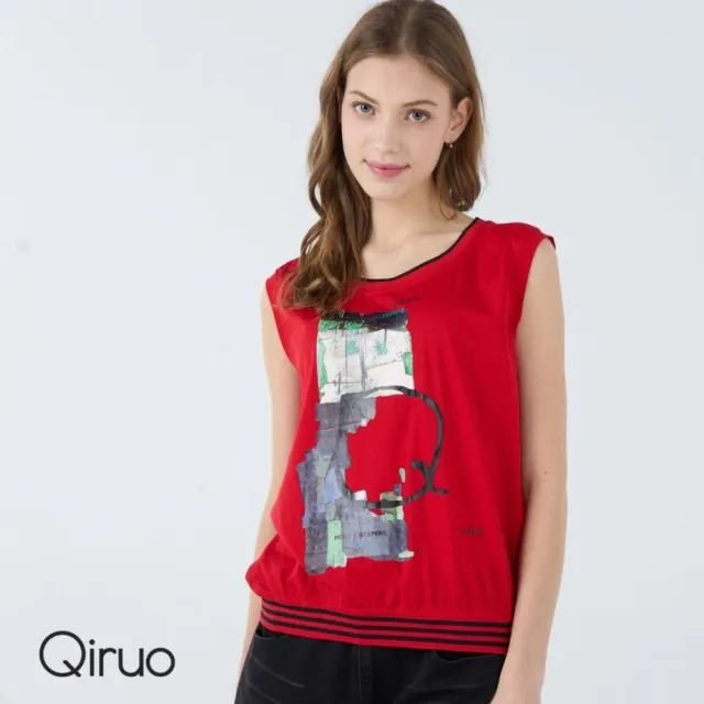 【Qiruo 奇若名品】棉質圓領 下擺縮口滾邊 胸前彩繪紋樣無袖紅色背心上衣