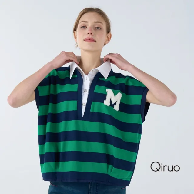 【Qiruo 奇若名品】上等棉質 假兩件設計 襯衫式POLO上衣  有領綠藍線條短袖