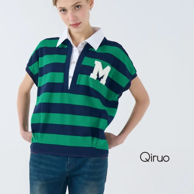 【Qiruo 奇若名品】上等棉質 假兩件設計 襯衫式POLO上衣  有領綠藍線條短袖