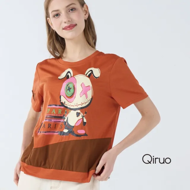 【Qiruo 奇若名品】棉質双橘色棉布料印花設計兔子短袖上衣7087A