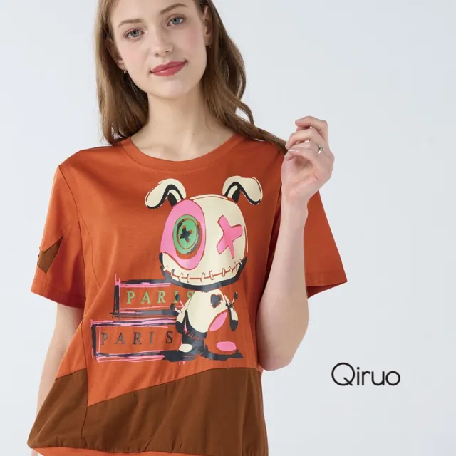 【Qiruo 奇若名品】棉質双橘色棉布料印花設計兔子短袖上衣7087A