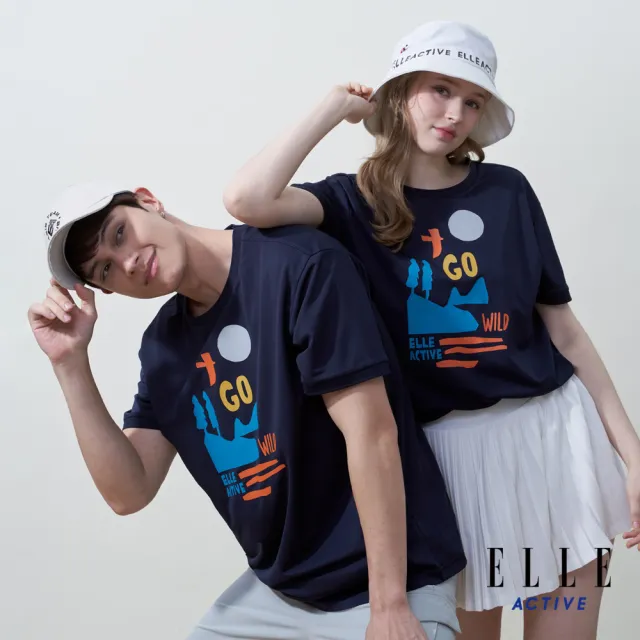 【ELLE ACTIVE】女款 寬鬆版印花圓領短袖T恤-深藍色(EA25S2F1603-39)